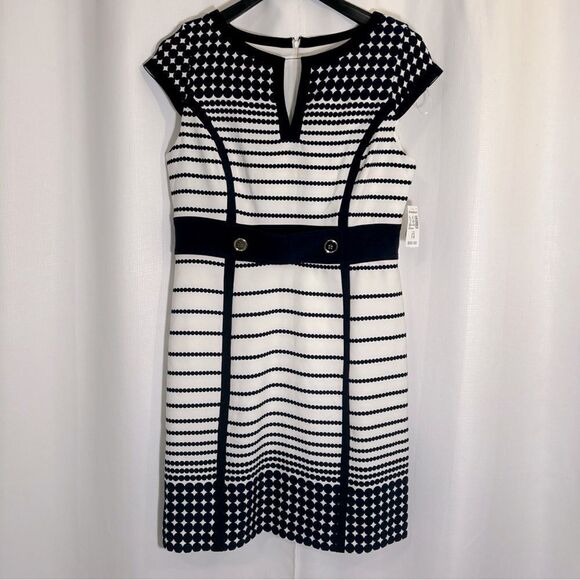NWT Dress Barn Navy White Dot Dress Button Accent Short Sleeve Lined Size 14 - Picture 1 of 11